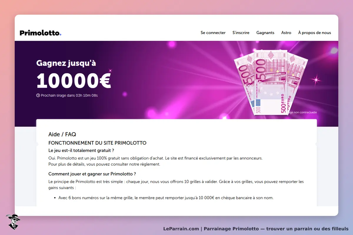 Primolotto : page d'accueil avec un message sur le jeu gratuit et des billets de banque affichés