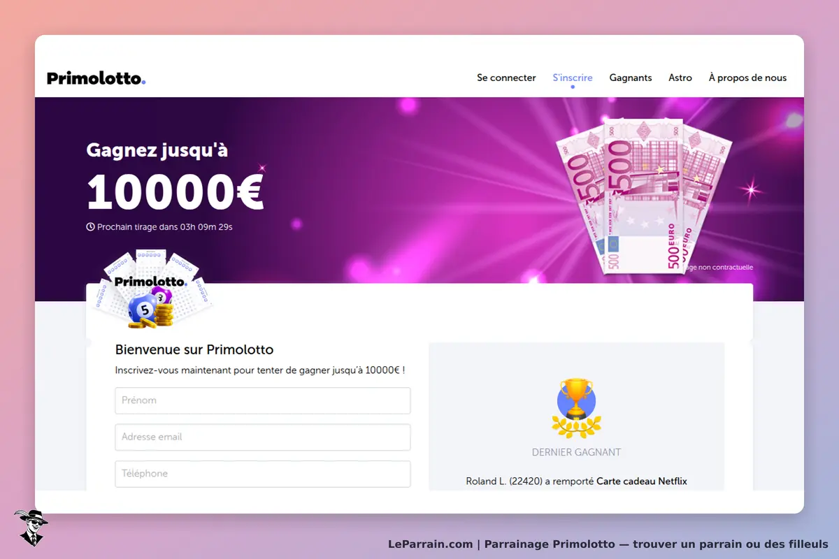 Primolotto : page d'accueil avec formulaire d'inscription et billets de banque en arrière-plan