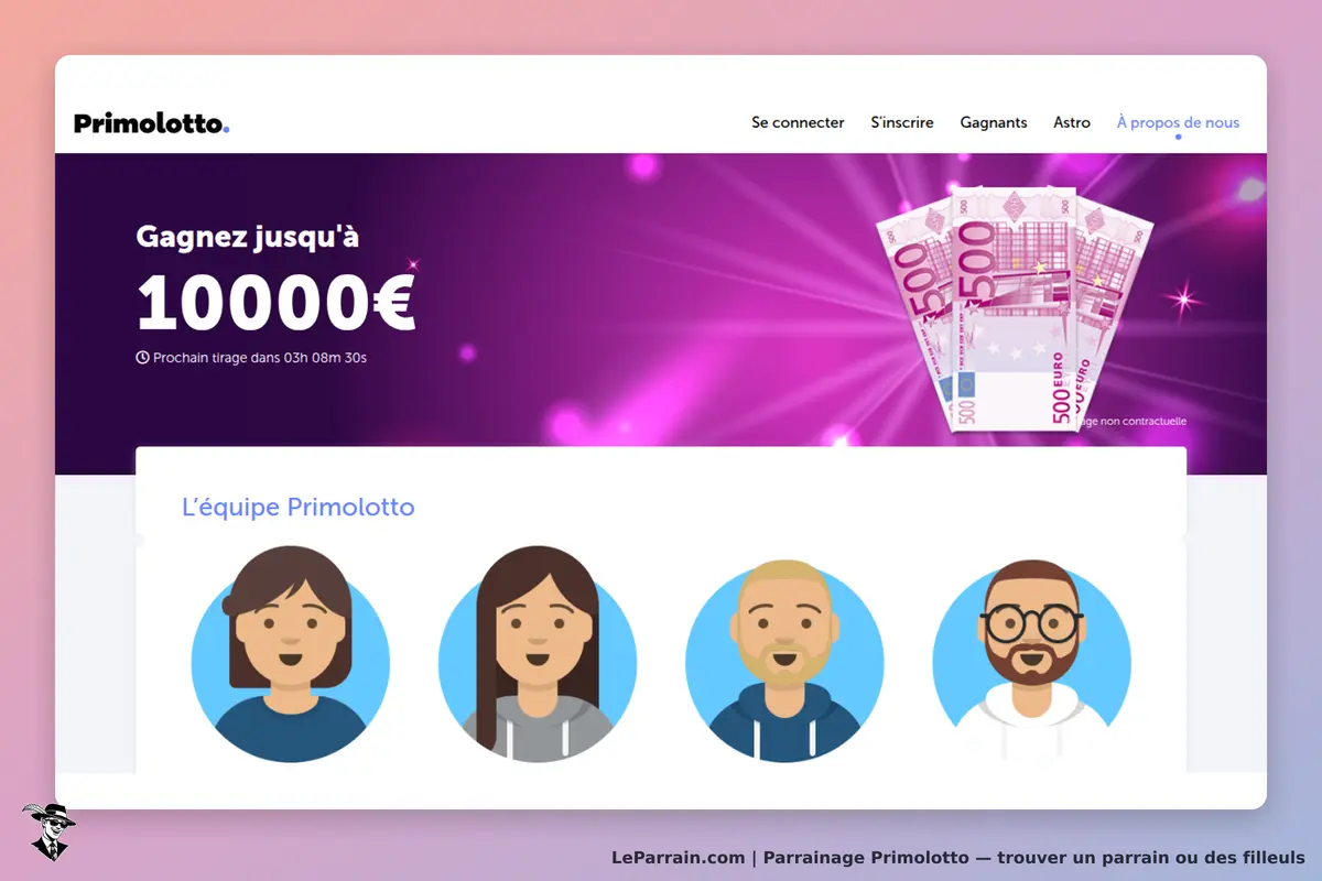 Primolotto : page d'accueil avec un message de gain et des illustrations d'équipe en bas