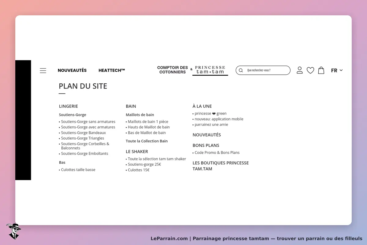 princesse tamtam : princesse Tam Tam : menu du site avec catégories lingerie, bain et informations