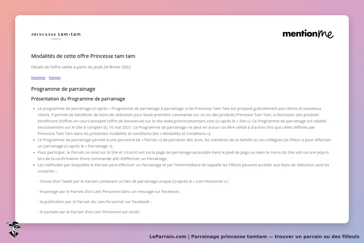 princesse tamtam : princesse tam.tam : page des modalités du programme de parrainage avec détails