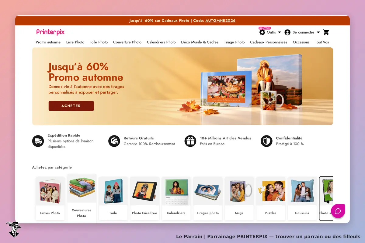 Printerpix : page d'accueil présentant des produits photo et une promotion d'automne