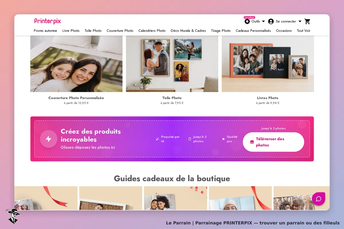 Printerpix : page d'accueil avec des produits photo personnalisés et un bouton pour télécharger des