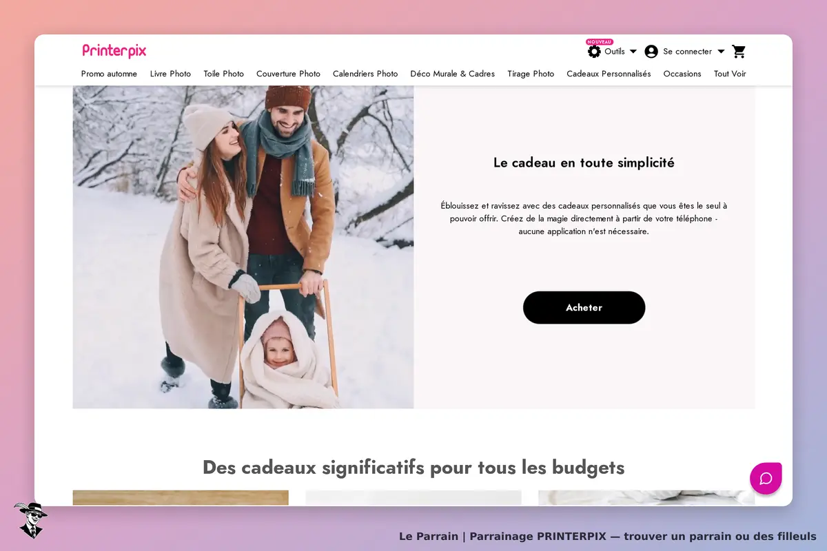 Printerpix : page d'accueil avec une famille dans la neige et des options de cadeaux personnalisés