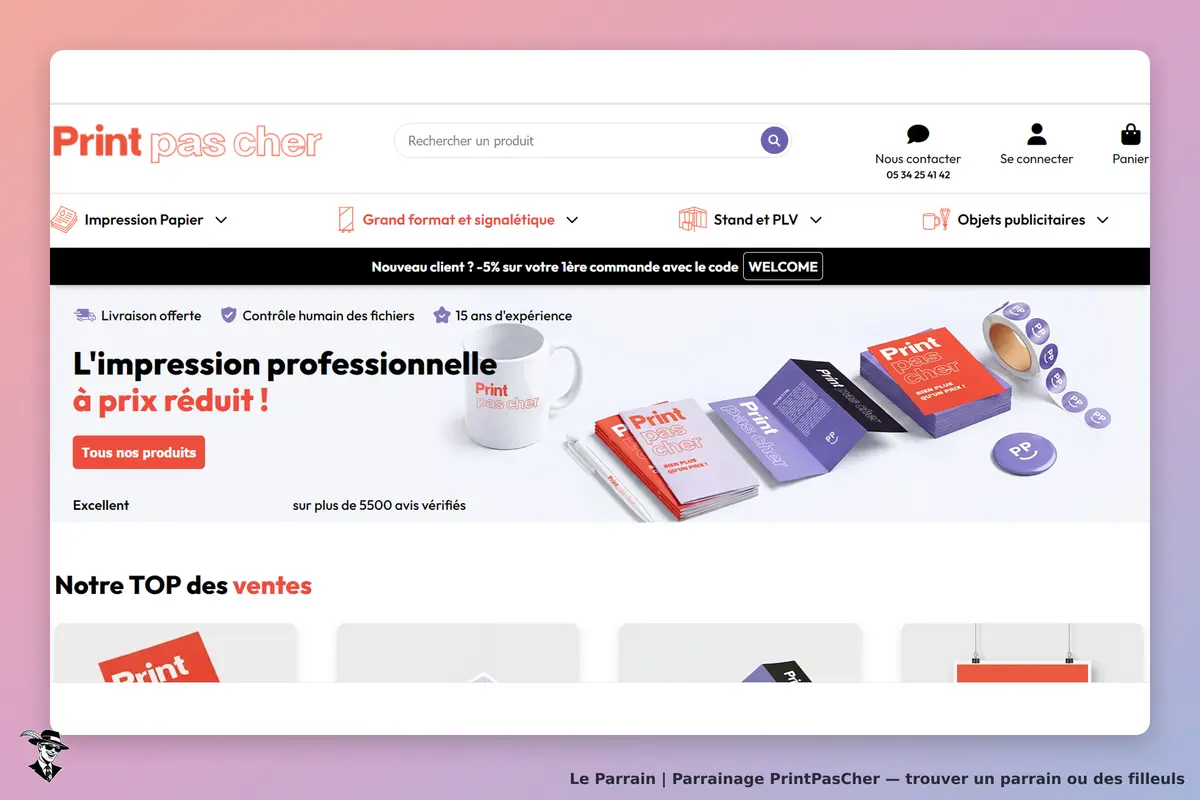 PrintPasCher : print pas cher : page d'accueil avec produits imprimés et informations sur