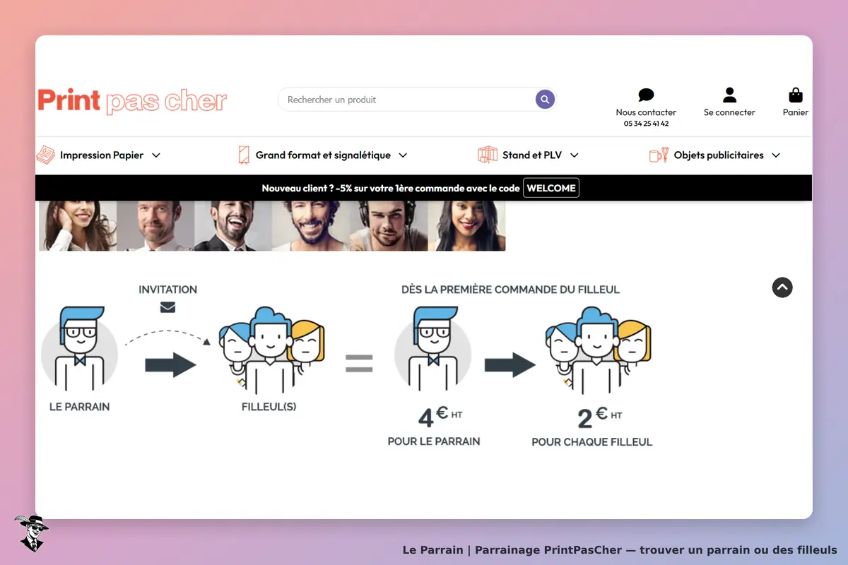 PrintPasCher : page d'accueil avec illustration du parrainage et photos de personnes souriantes