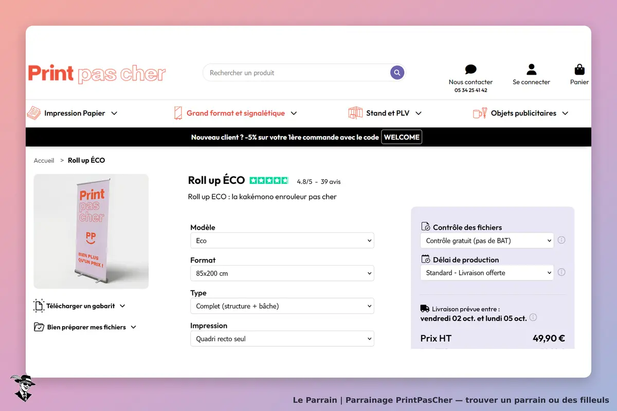 PrintPasCher : page produit pour un roll up ÉCO avec options de personnalisation et visuel