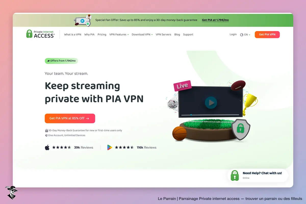 Page d'accueil de Private internet access
