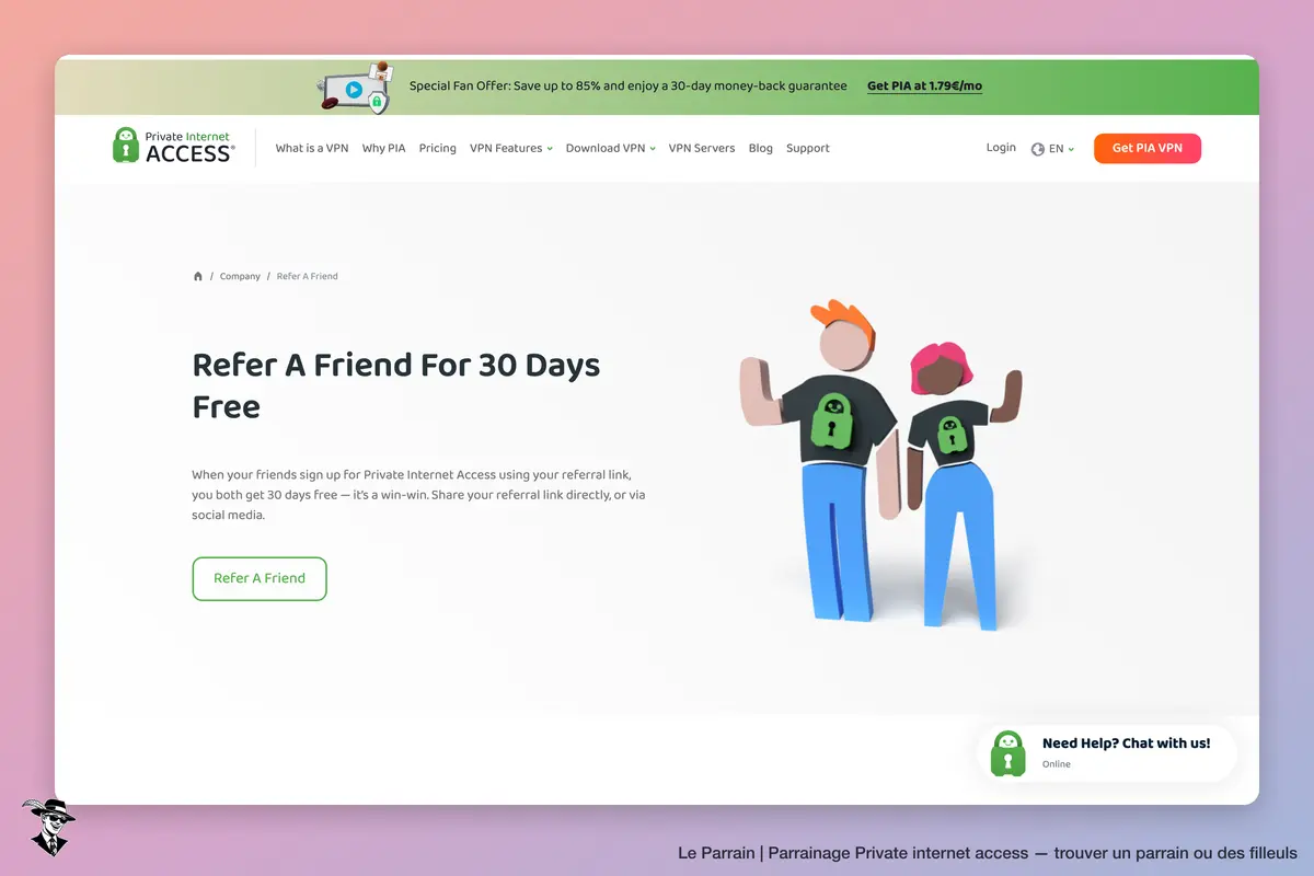 Page parrainage de Private internet access