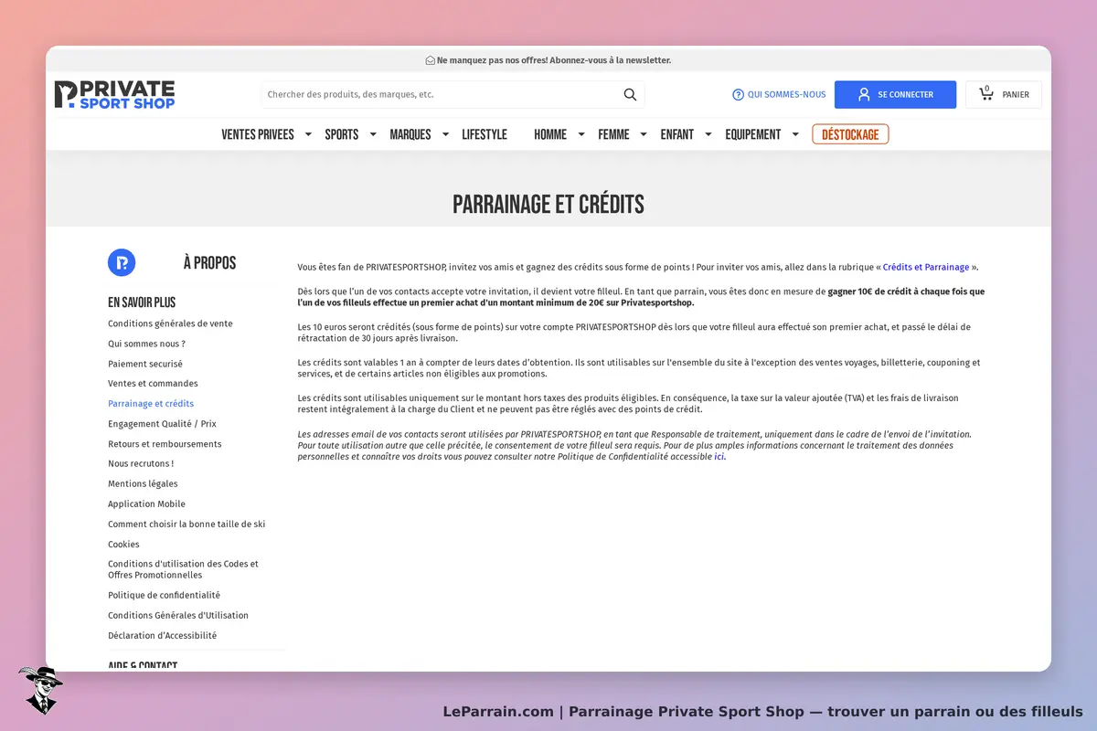 Private Sport Shop : page sur le parrainage et crédits avec informations et conditions
