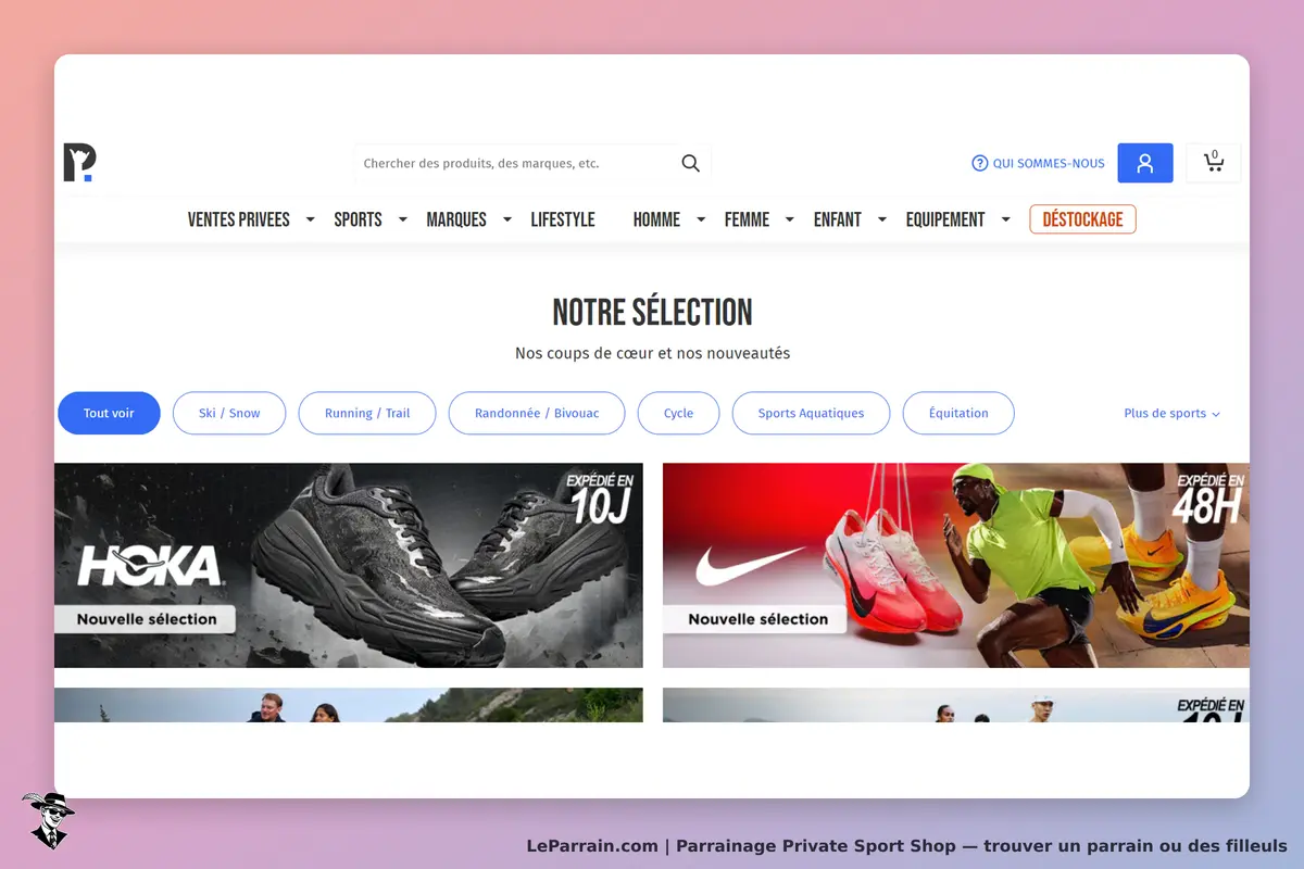 Private Sport Shop : page d'accueil avec sélection de chaussures de sport et catégories de produits