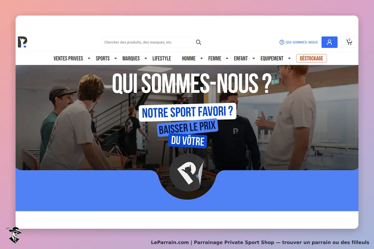 Private Sport Shop : page d'accueil avec des personnes discutant autour d'une table
