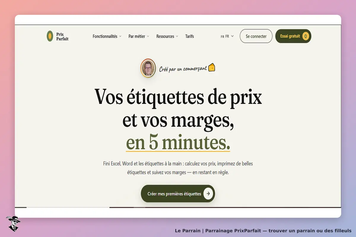 PrixParfait : page d'accueil présentant un service de création d'étiquettes de prix rapidement