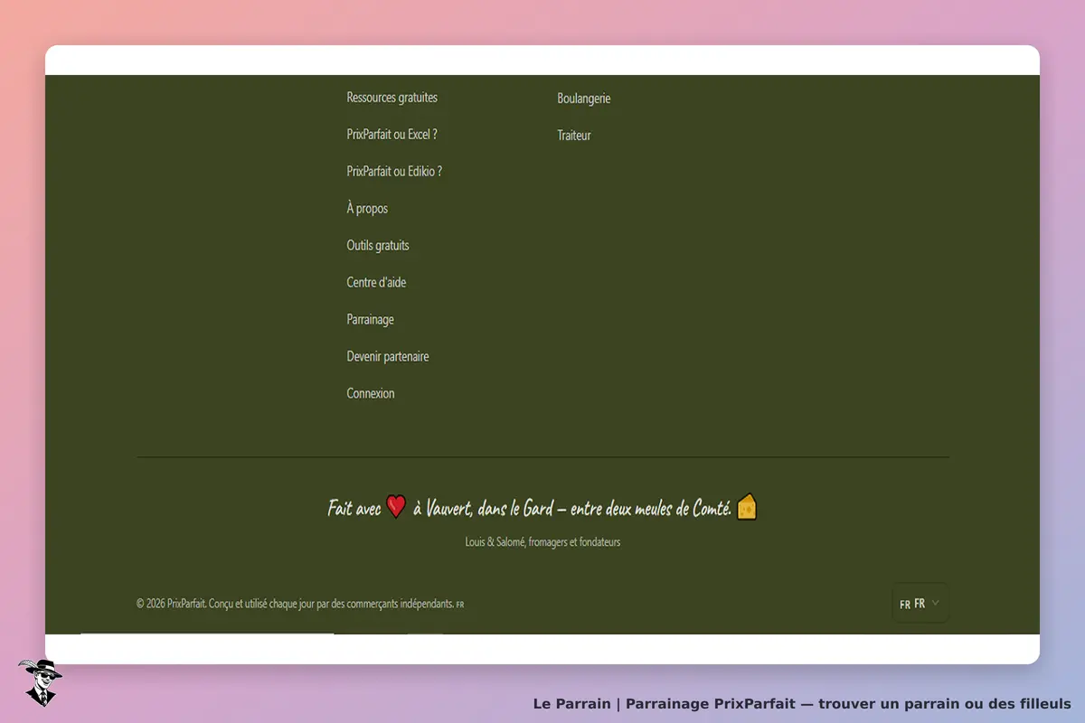 PrixParfait : menu en bas de page avec liens vers ressources et informations diverses