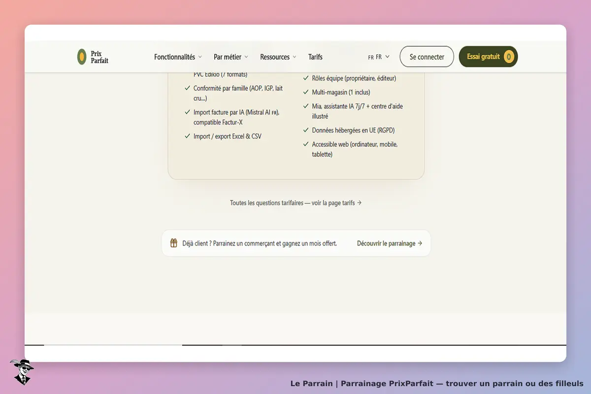 PrixParfait : fonctionnalités et options d'import/export sur la page d'accueil