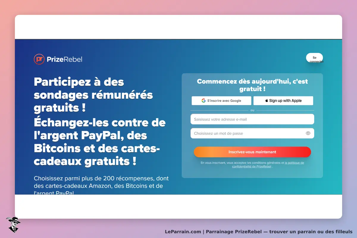 PrizeRebel : page d'accueil avec inscription et informations sur les sondages rémunérés gratuits