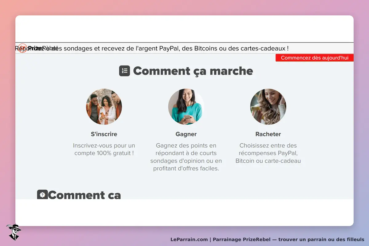 PrizeRebel : présentation du fonctionnement avec trois étapes illustrées et un bouton d'inscription