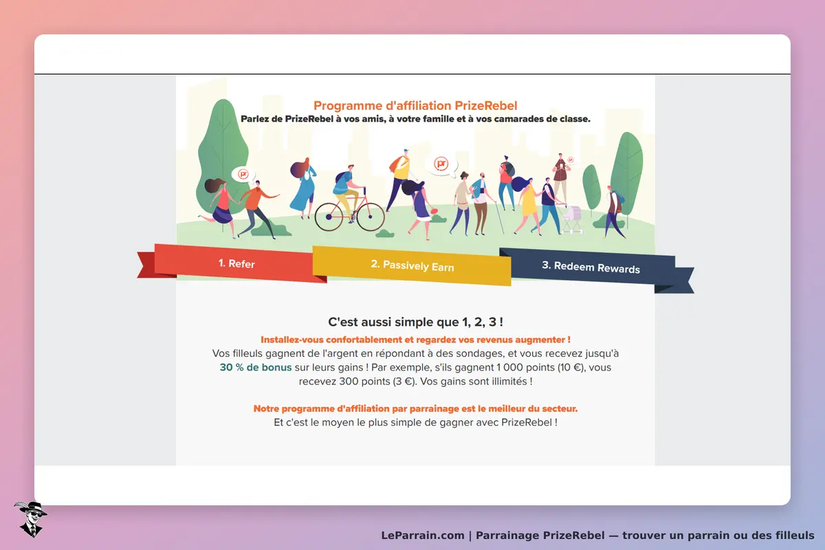 PrizeRebel : programme d'affiliation avec étapes illustrées et texte explicatif sur la page