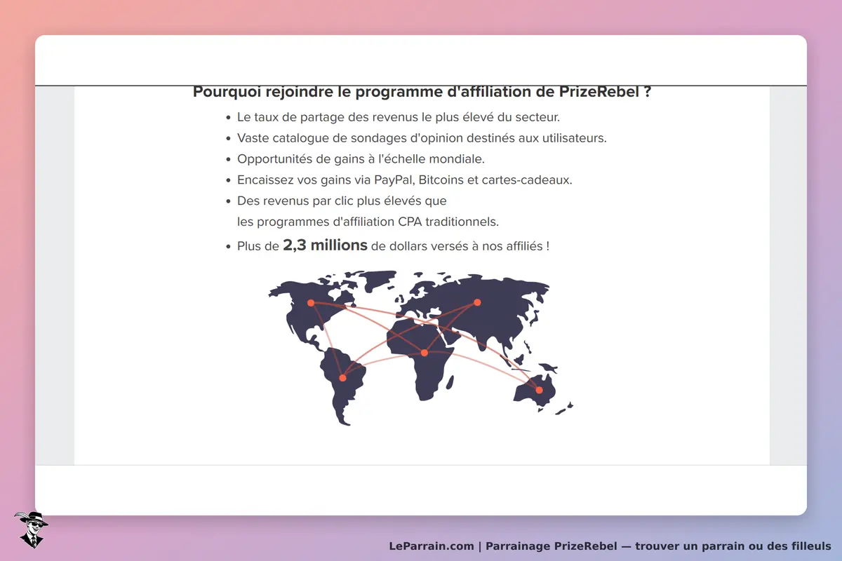 PrizeRebel : section sur les avantages du programme d'affiliation avec une carte du monde