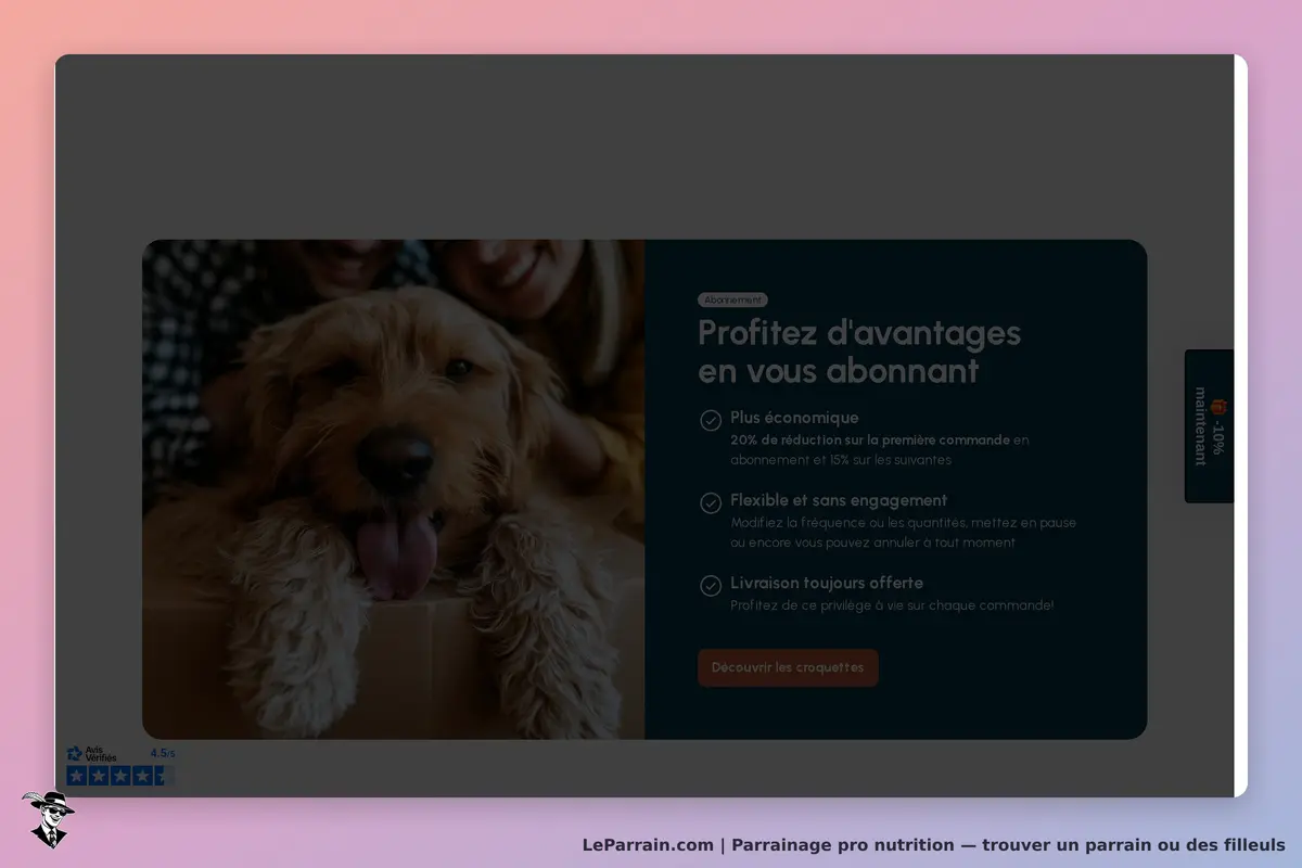 Pro Nutrition : page d'accueil avec un chien et des informations sur un abonnement