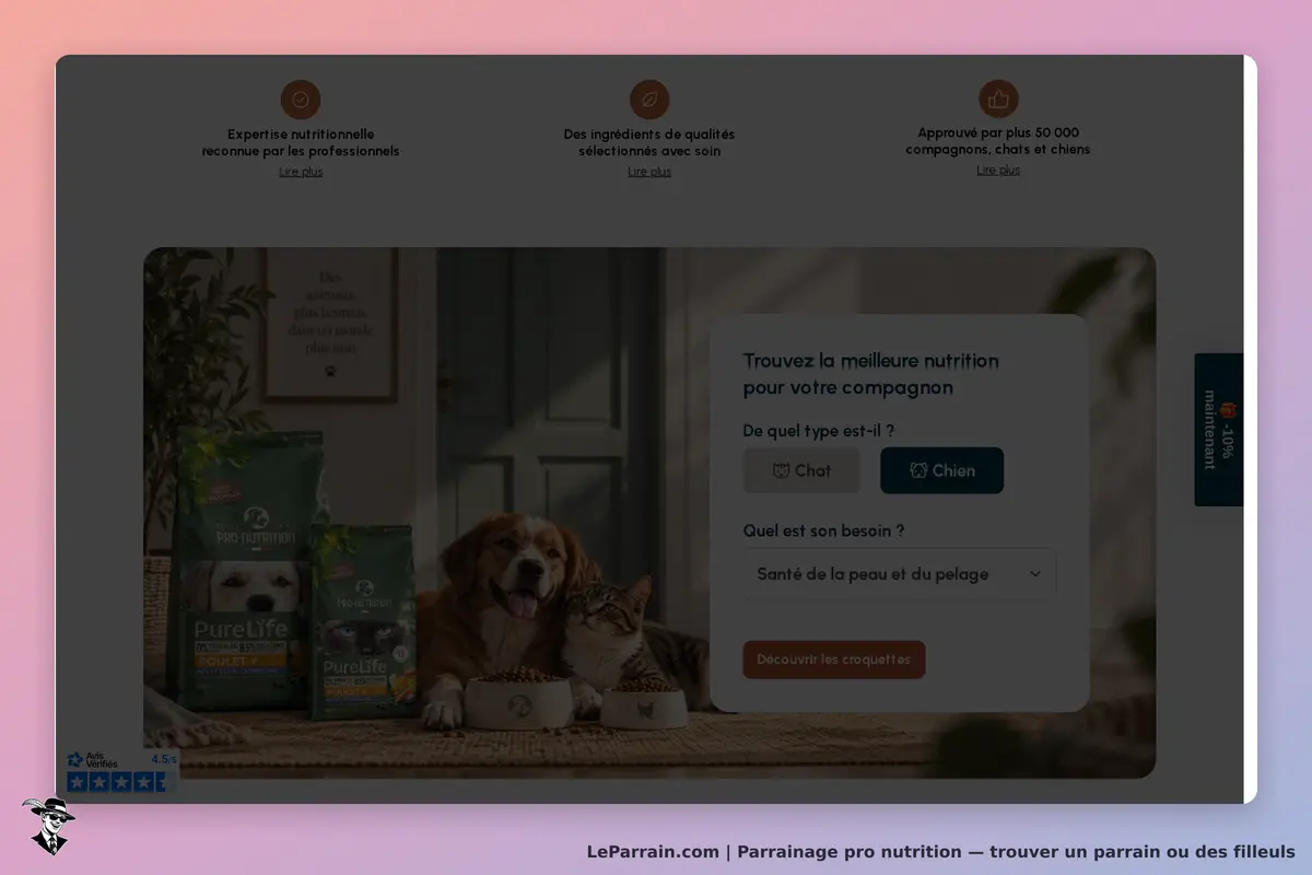 Pro Nutrition : page d'accueil avec chiens et chat, produits et formulaire de nutrition visible