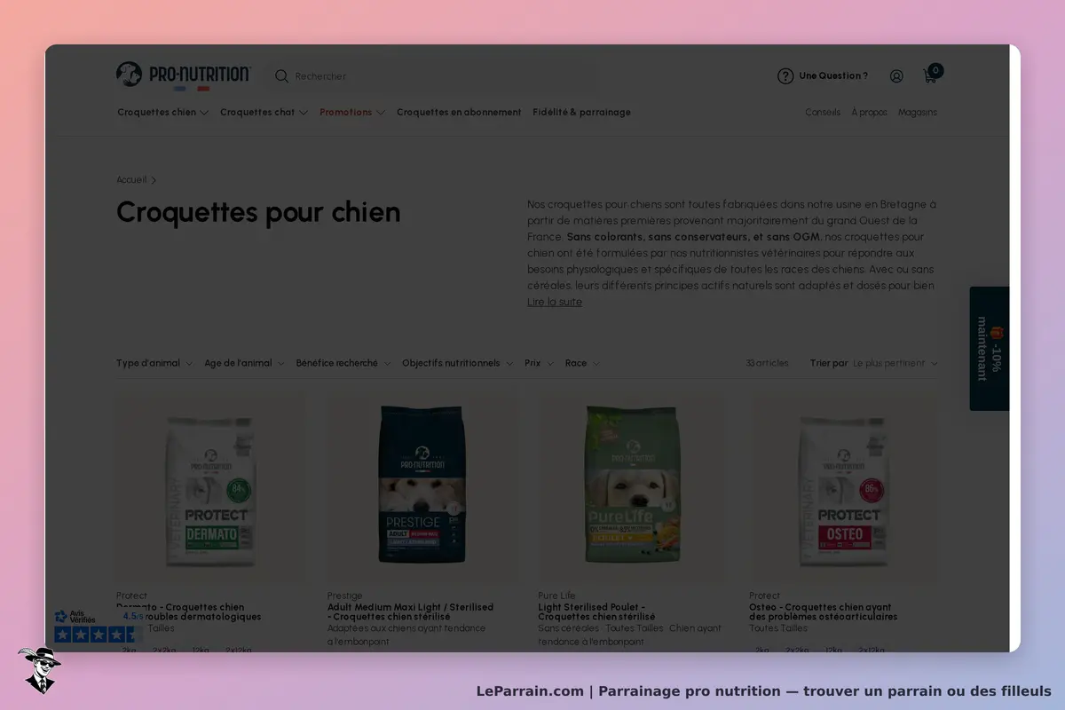Pro Nutrition : page de catégorie avec croquettes pour chien et plusieurs produits affichés