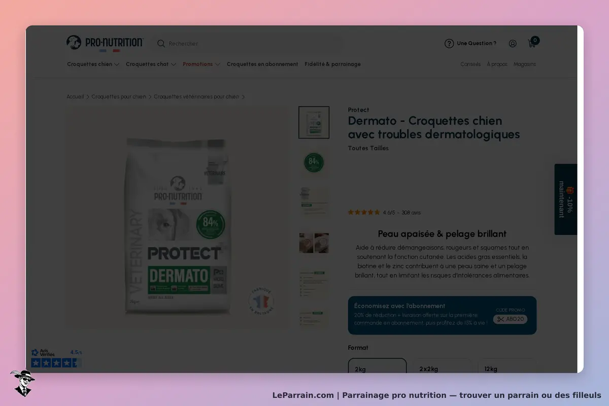 Pro Nutrition : page produit pour croquettes Dermato, avec image et description détaillée