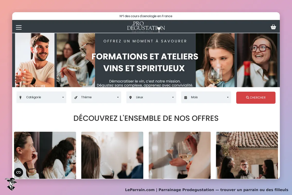 Prodegustation : page d'accueil avec des images de dégustation de vins et un formulaire de