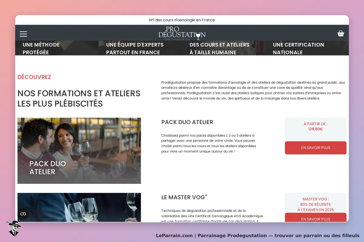 Prodegustation : page d'accueil présentant des formations et ateliers de dégustation de vin