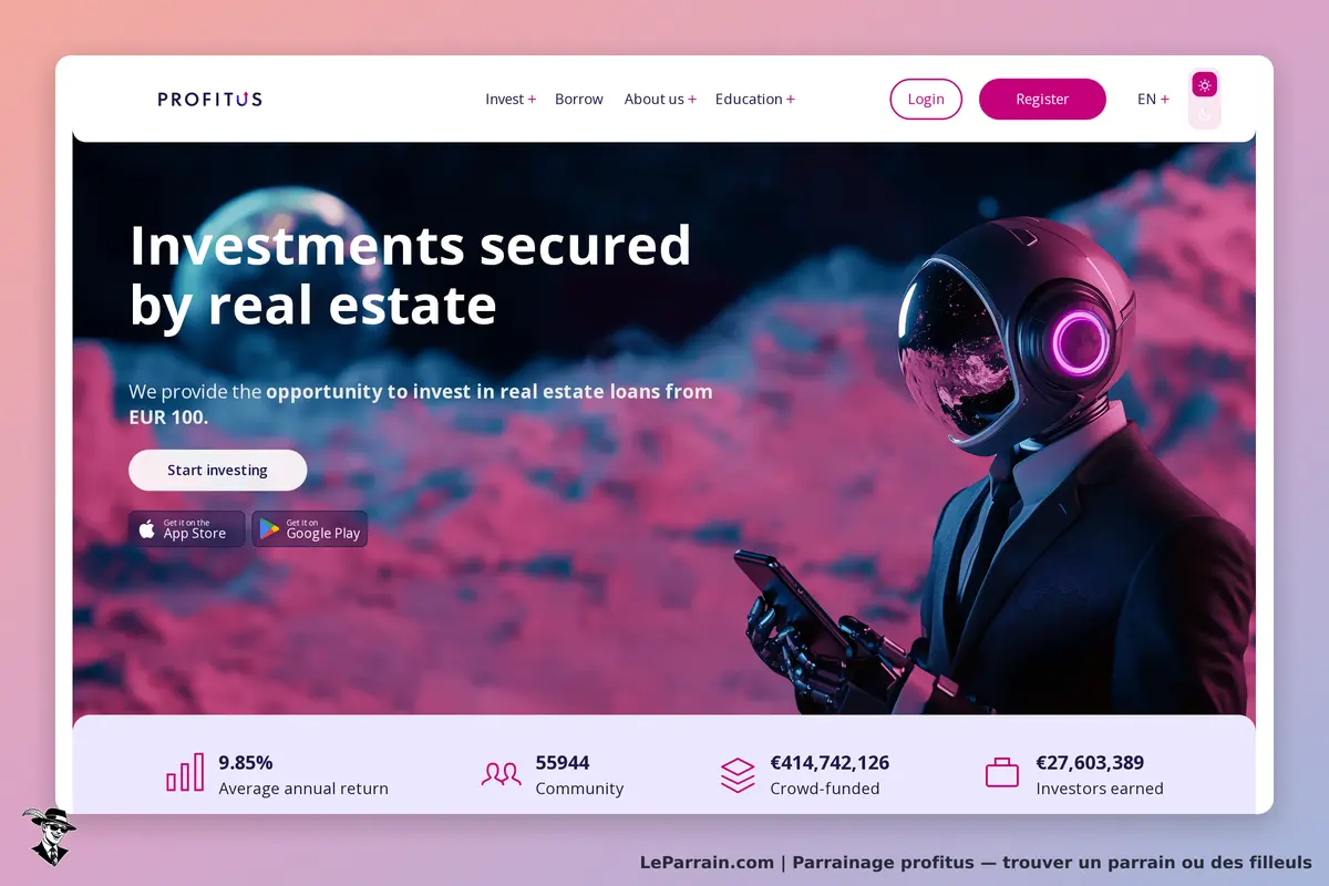 Profitus : page d'accueil présentant un investisseur en costume avec un casque futuriste