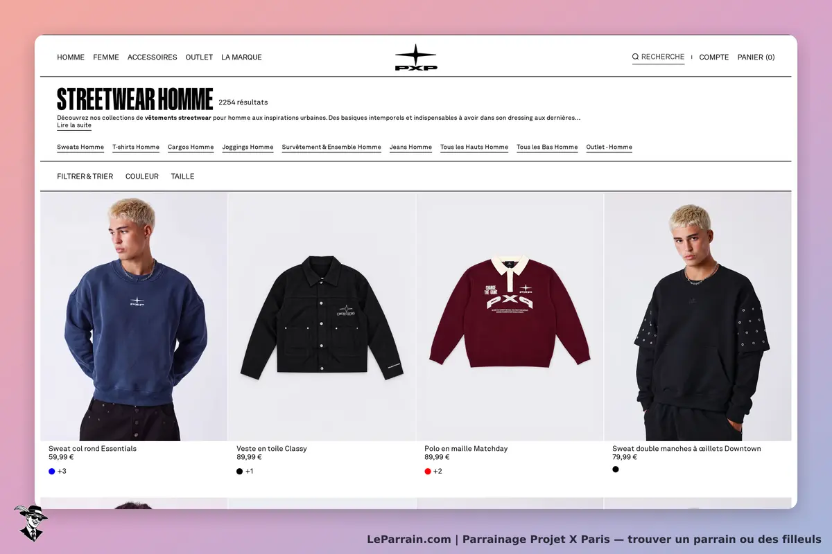 Projet X Paris : page catégorie Streetwear Homme avec plusieurs vêtements affichés
