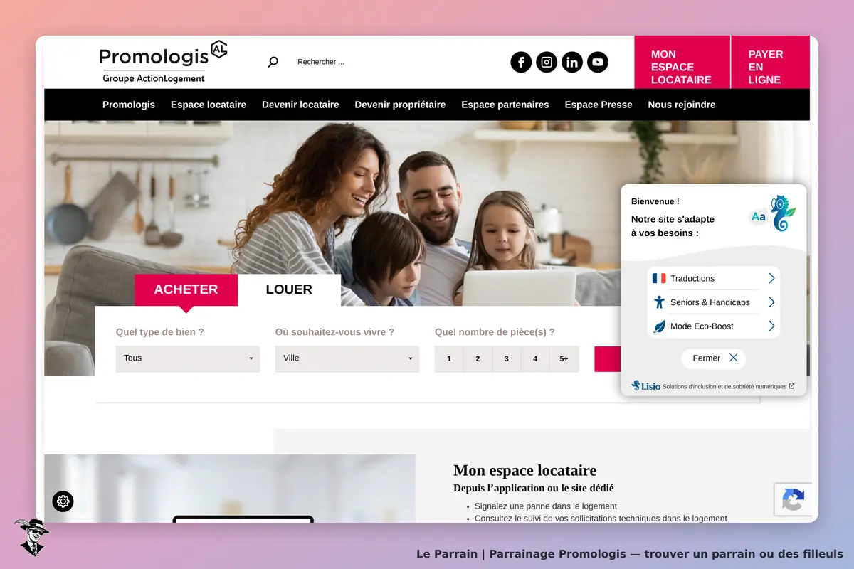 Promologis : page d'accueil avec un formulaire pour acheter ou louer un bien immobilier