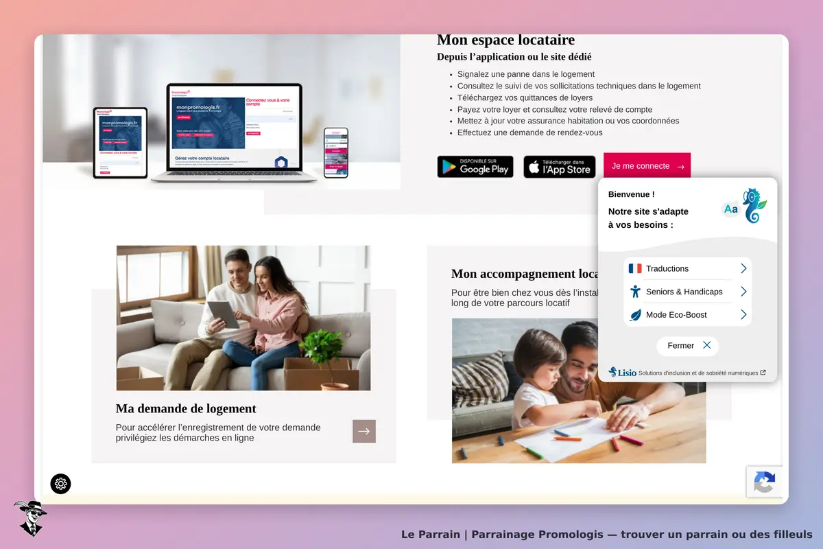 Promologis : page d'accueil avec espace locataire et images de couples et familles