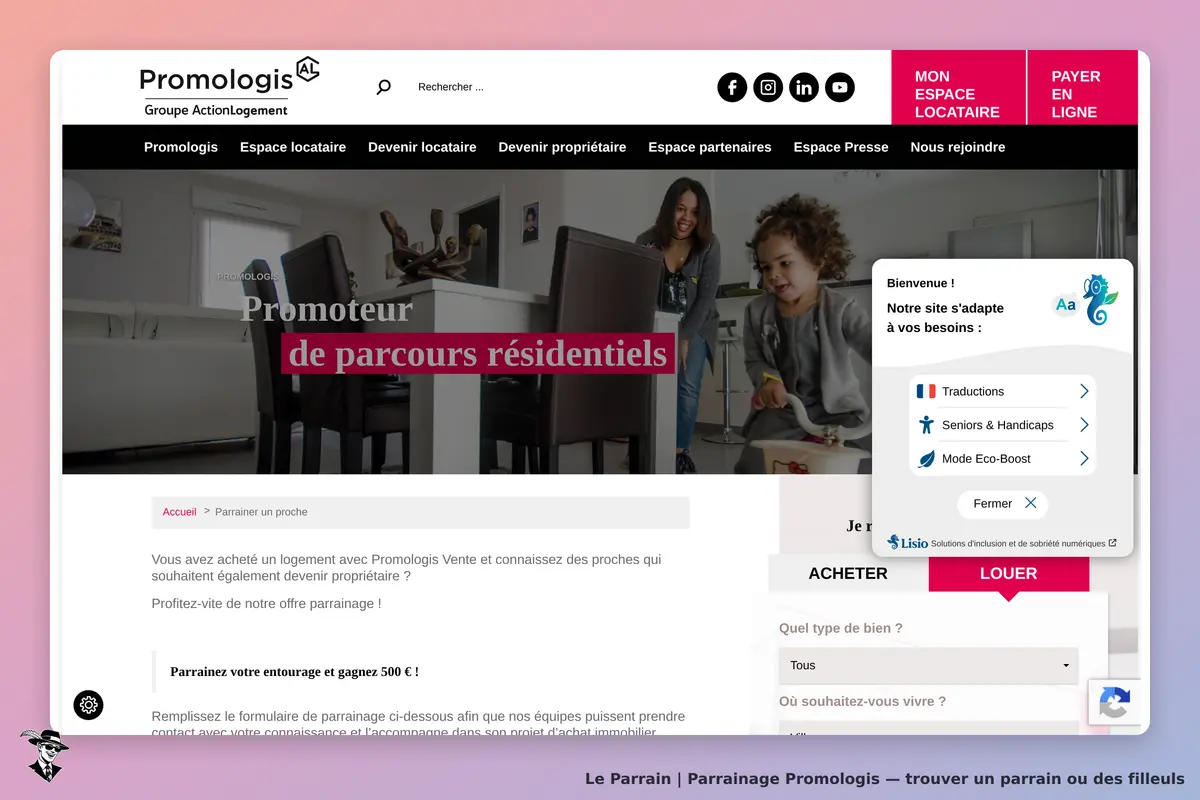 Promologis : page d'accueil avec un formulaire de parrainage et des images de logements