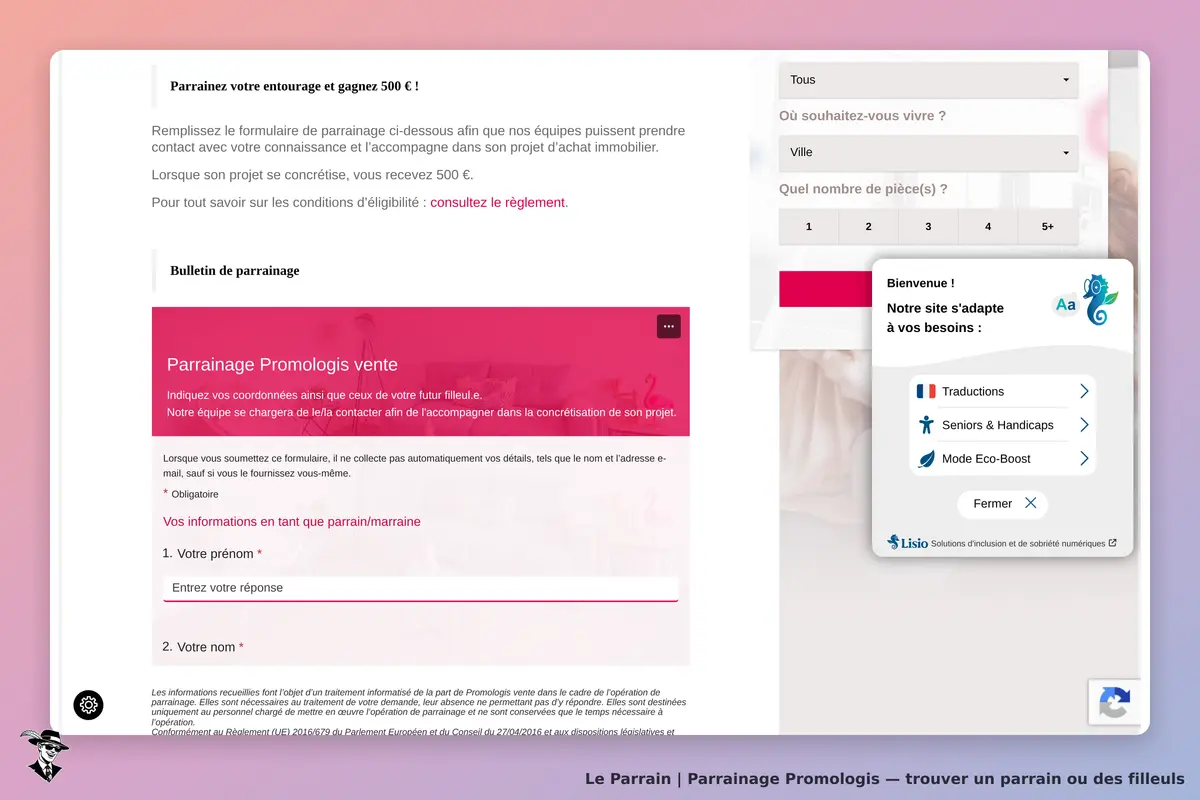 Promologis : formulaire de parrainage avec champs pour prénom, nom et informations de contact