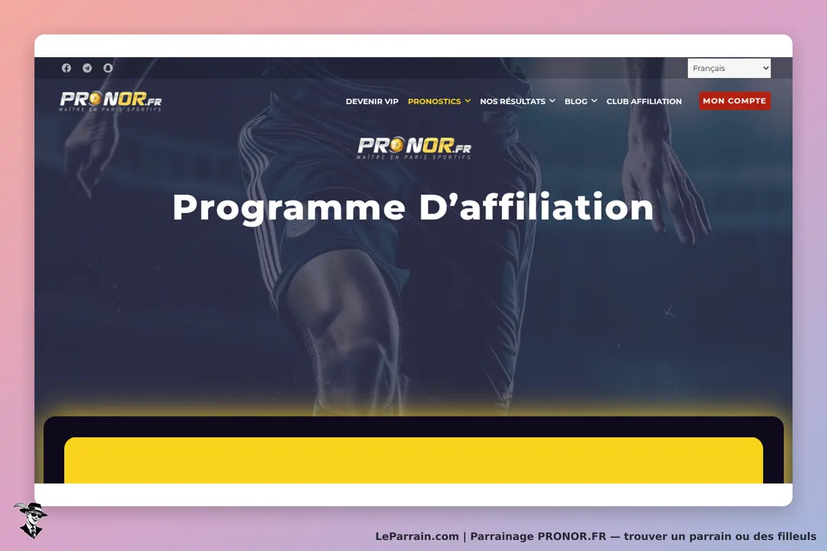 PRONOR.FR : page d'accueil avec le titre "Programme D'affiliation" sur fond sportif