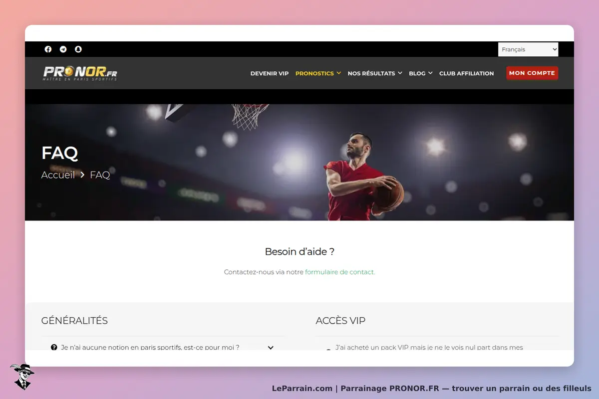 PRONOR.FR : page FAQ avec un joueur de basket et des questions sur les paris sportifs