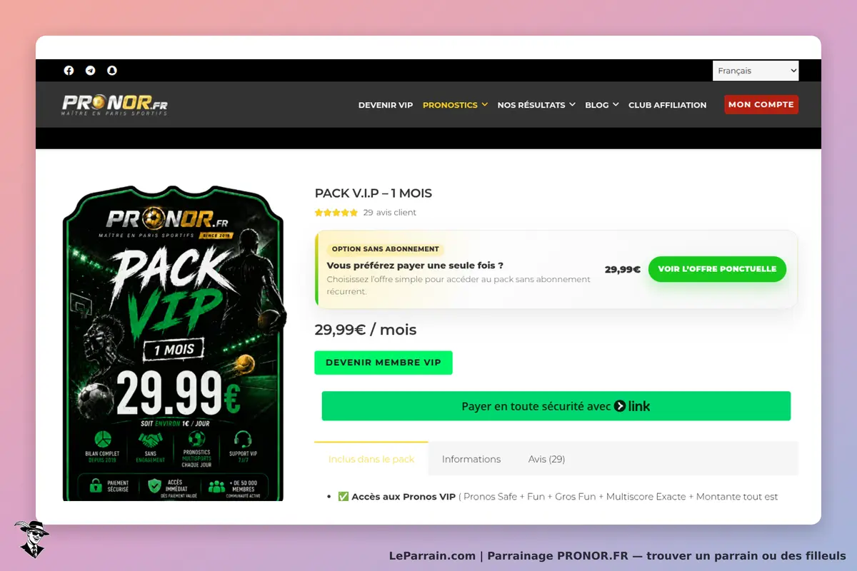 PRONOR.FR : page d'accueil avec offre Pack VIP et options de paiement sécurisées