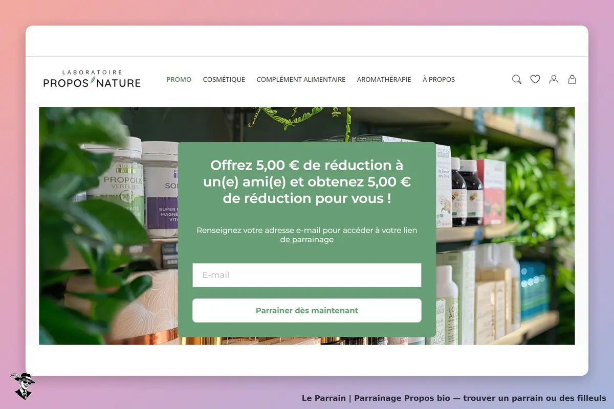 Propos bio : page d'accueil avec un formulaire de parrainage et des produits en arrière-plan