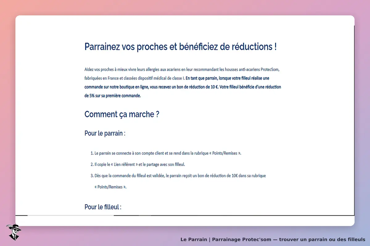 Protec'som : page d'accueil avec explication du parrainage et étapes pour le parrain et le filleul