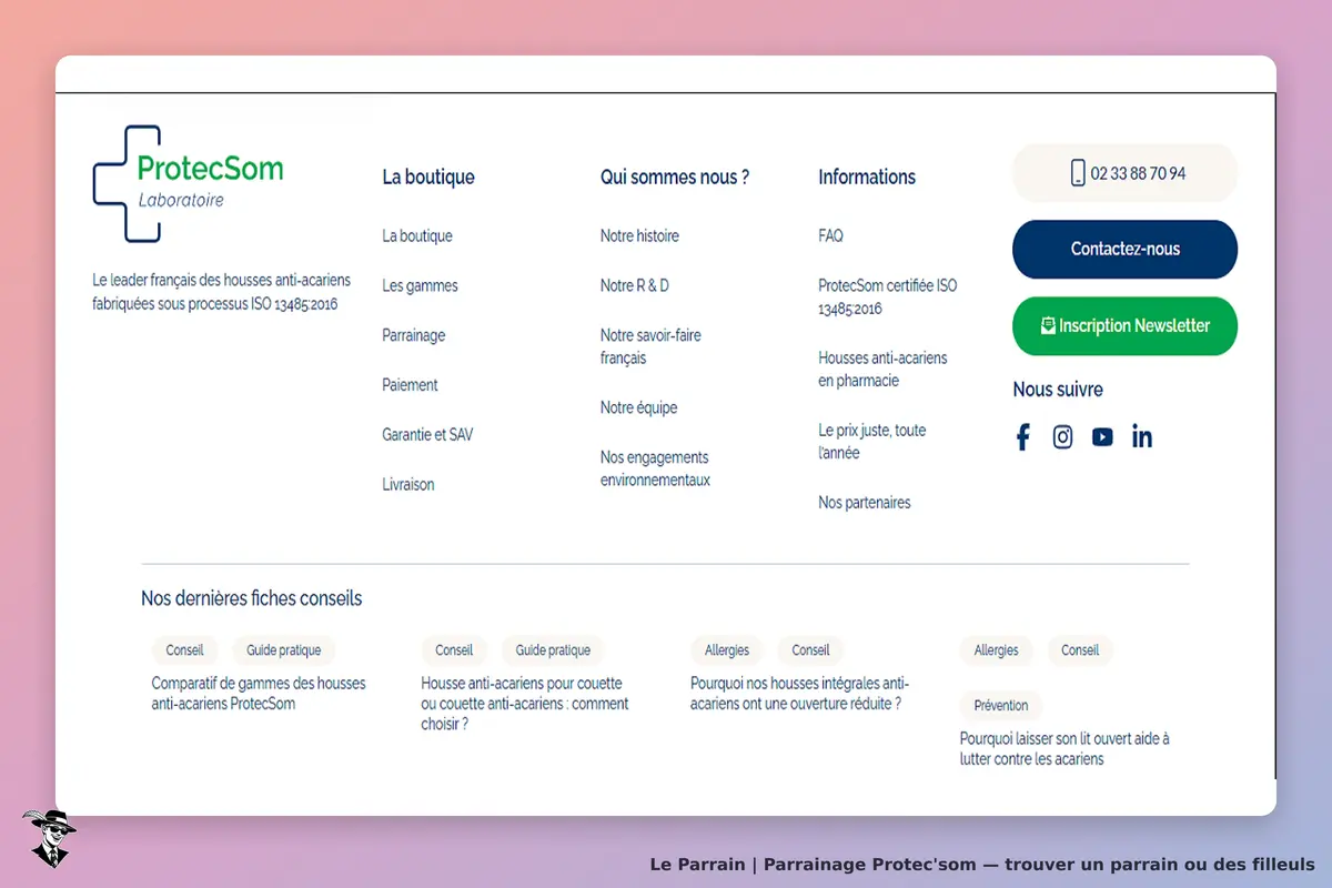 Protec'som : protecSom : page d'accueil avec menu, informations et liens vers réseaux sociaux