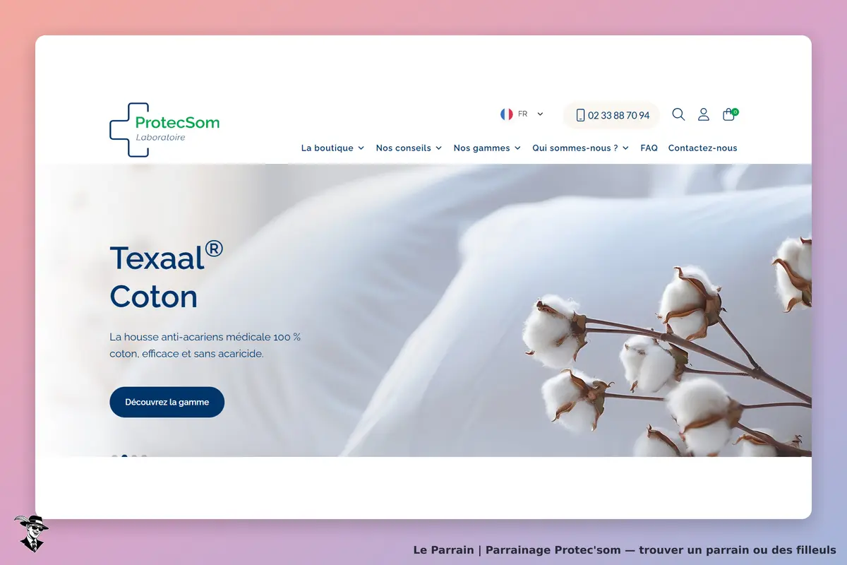 Protec'som : protecSom : page d'accueil présentant le produit Texaal® Coton et une branche de coton