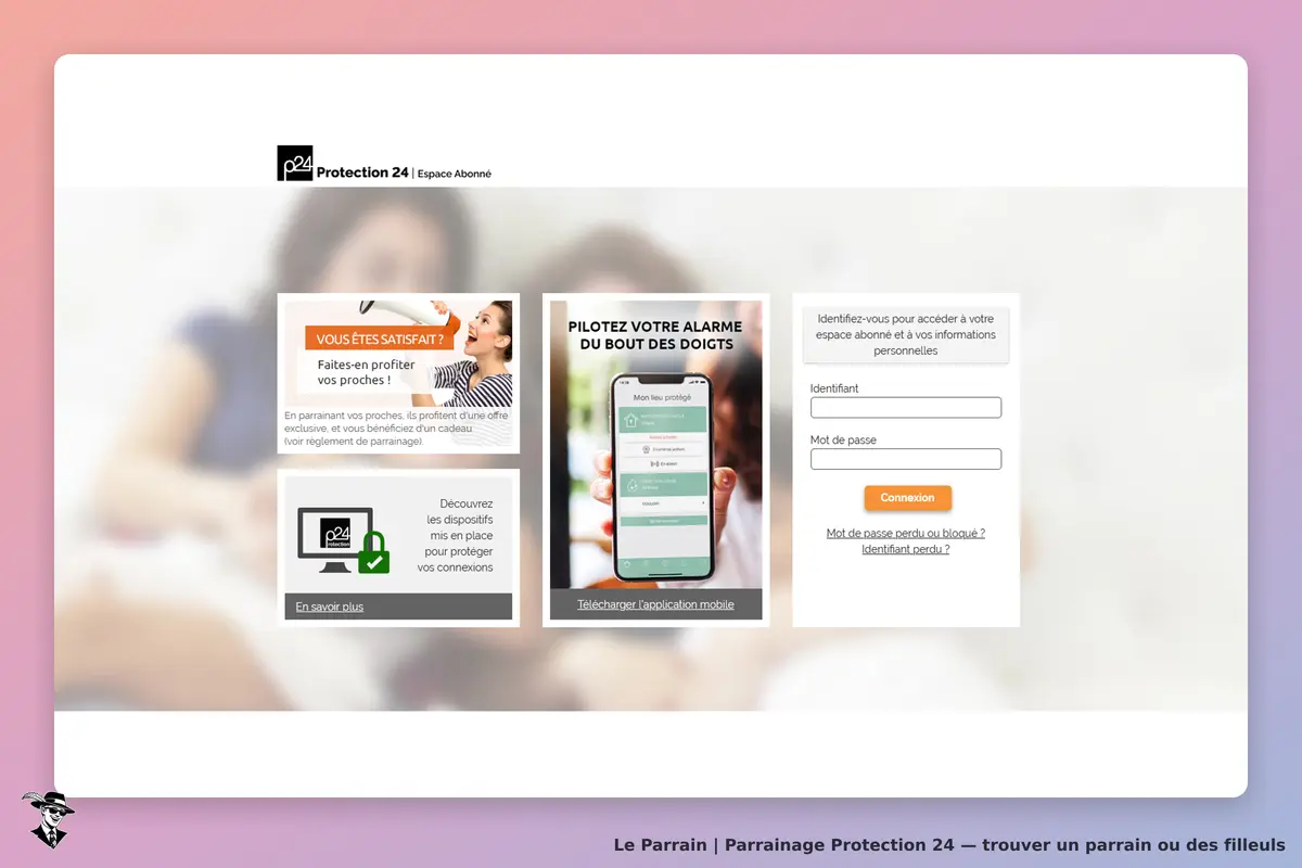 Protection 24 : page d'accueil avec options de parrainage et formulaire de connexion