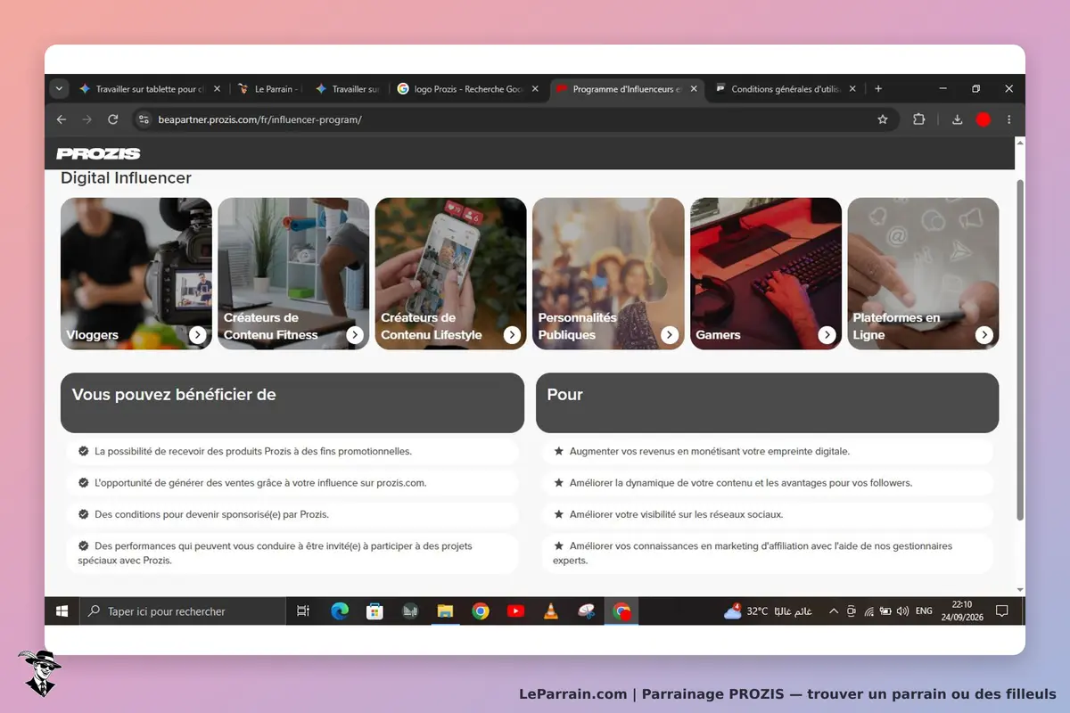 PROZIS : page d'accueil avec sections pour influenceurs et bénéfices affichés
