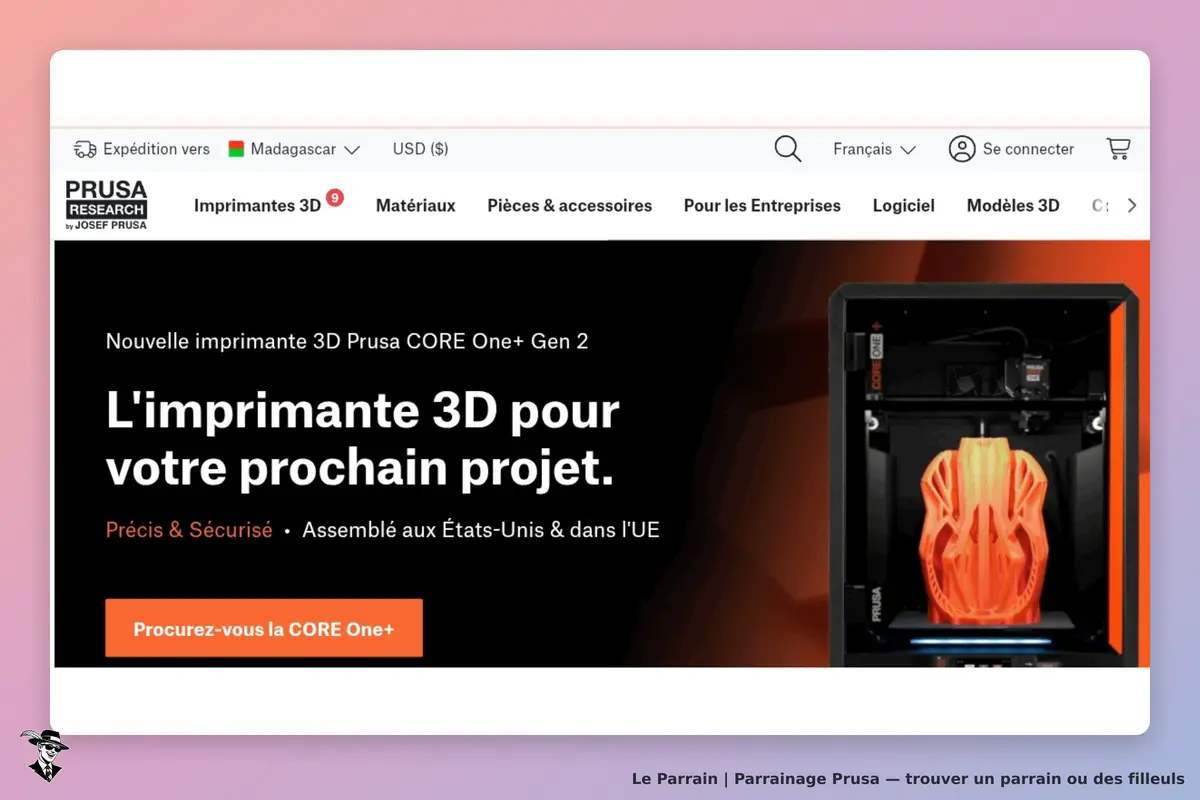 Prusa : page d'accueil présentant l'imprimante 3D CORE One+ Gen 2 avec modèle imprimé