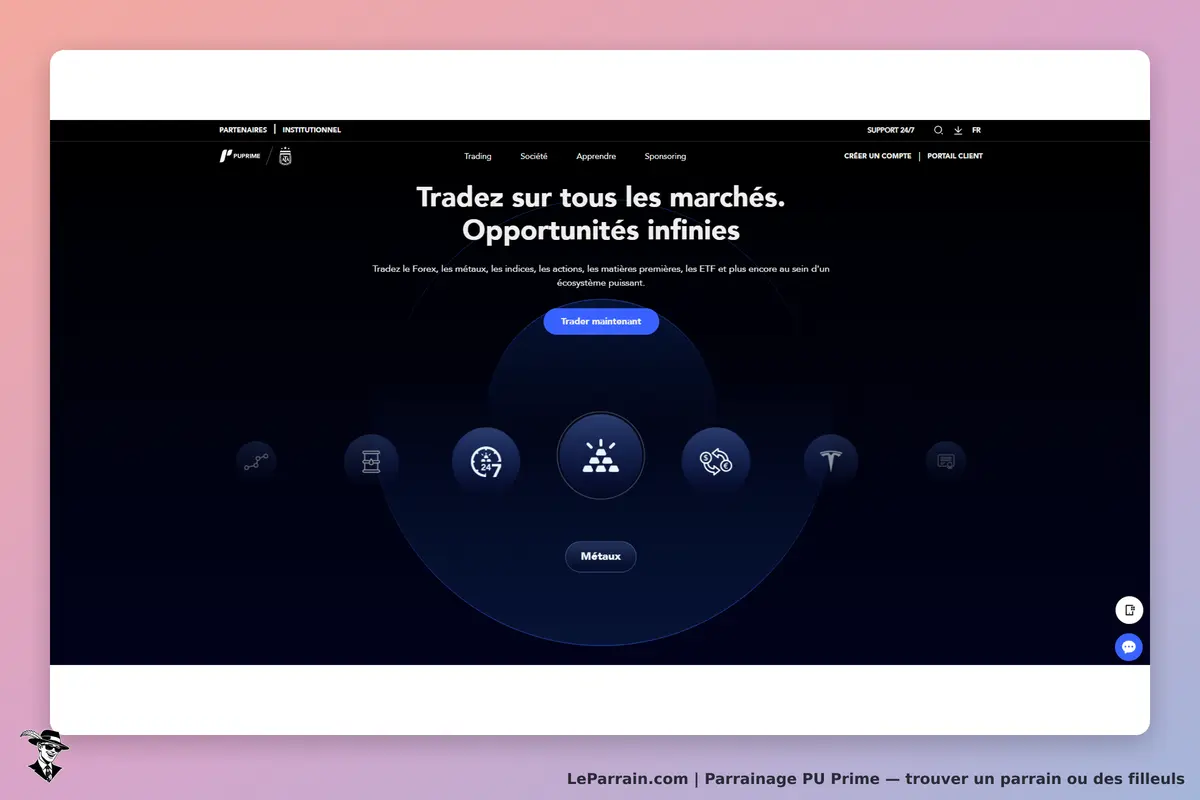 PU Prime : page d'accueil avec options de trading et bouton "Trader maintenant"