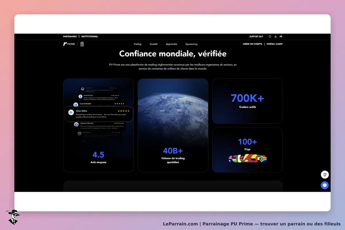 PU Prime : page d'accueil avec avis clients, volume de trading et statistiques des traders