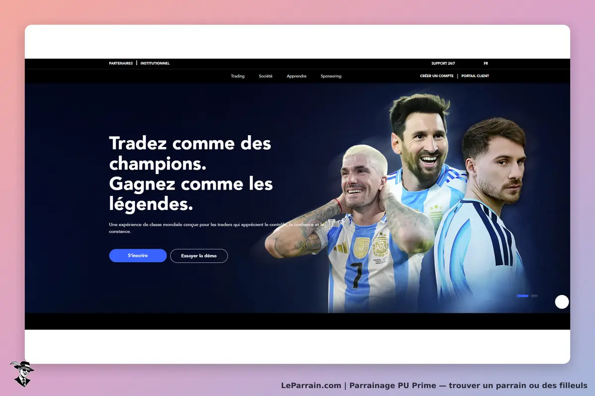 PU Prime : page d'accueil avec des athlètes, slogan sur le trading et boutons d'inscription