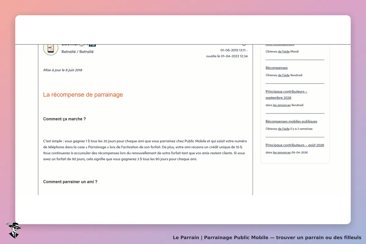 Public Mobile : section sur la récompense de parrainage avec explications et instructions