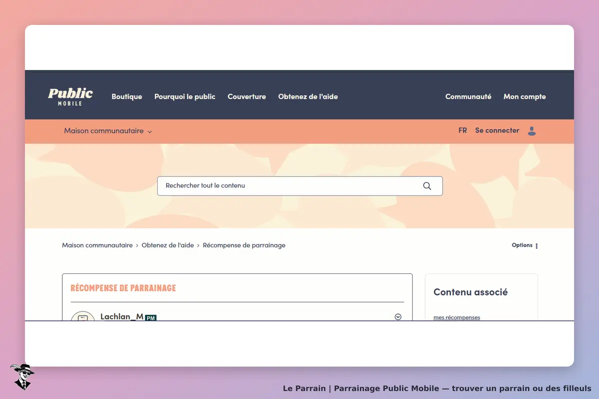 Public Mobile : page d'accueil avec barre de recherche et section sur les récompenses de parrainage